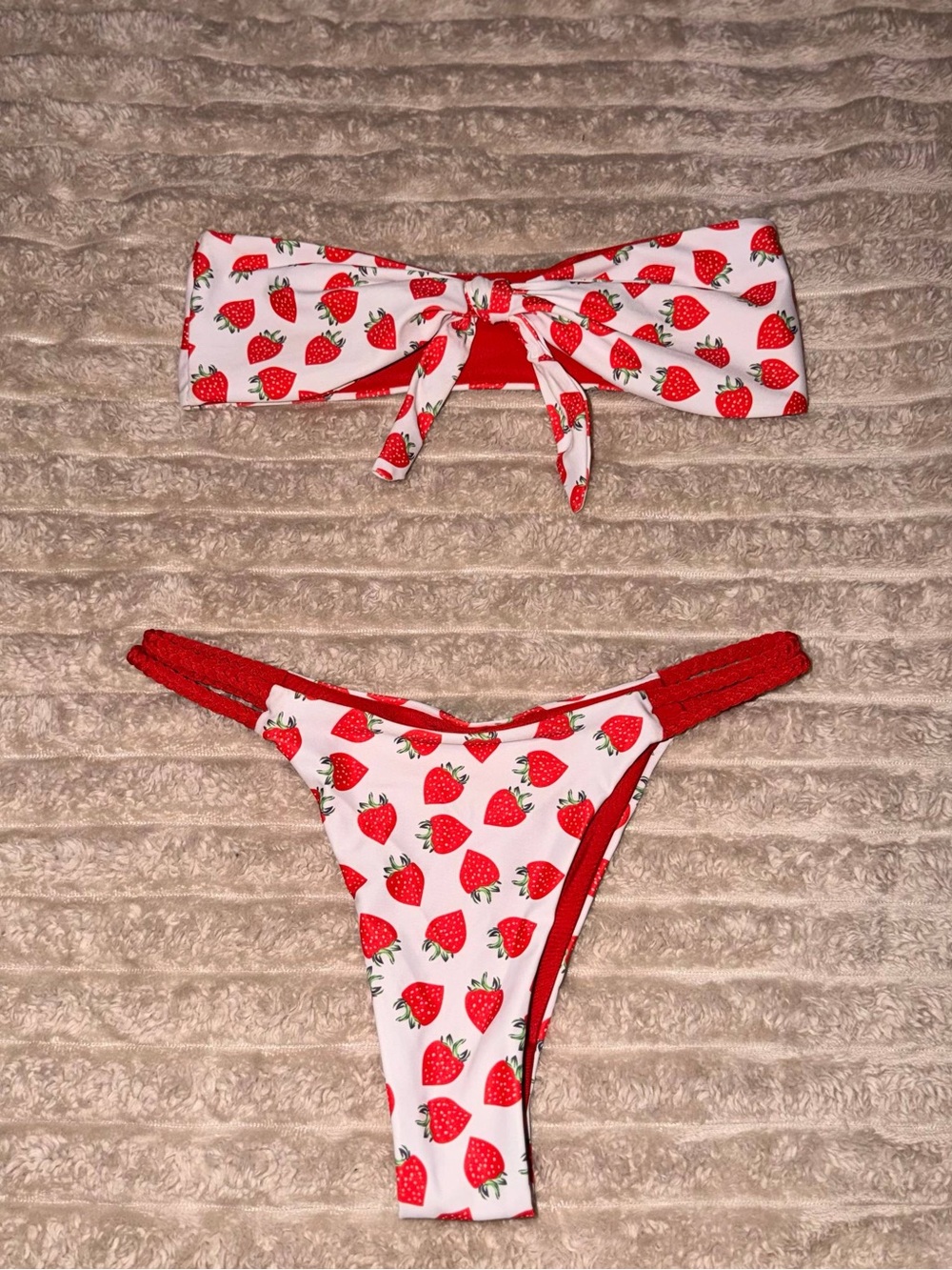 Strawberry Print Bandeau Bikini Set - Red & White